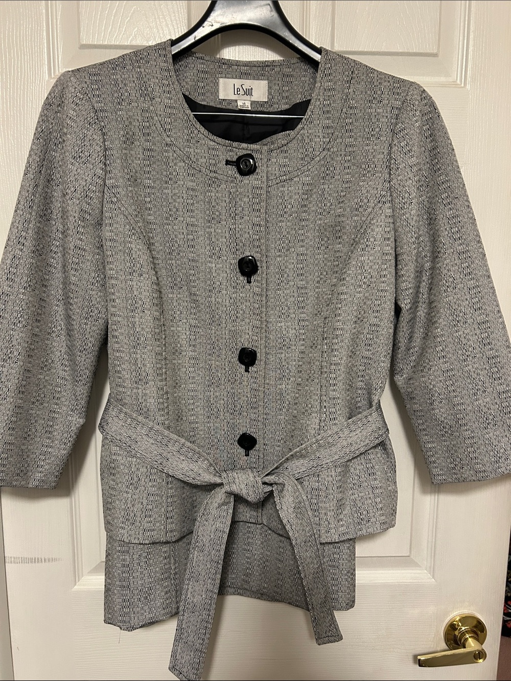 Le Suit Light Gray Textured Belted Blazer and Skirt